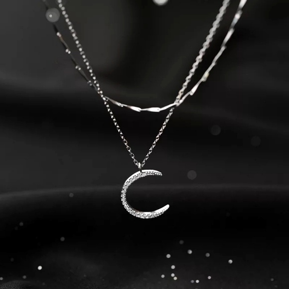 NEW | Crescent Moon Multi Layer Pave Diamond Necklace - Picture 5 of 15
